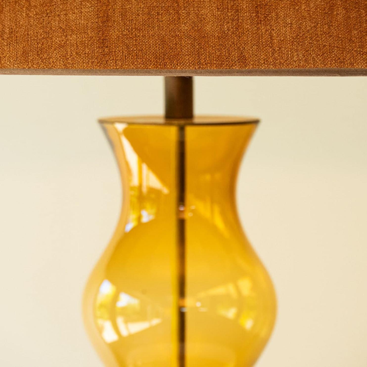 1 of the 2 Amber Bubble Glass Table Lamps, Custom Brique Lampshade by R. Houben For Sale 1