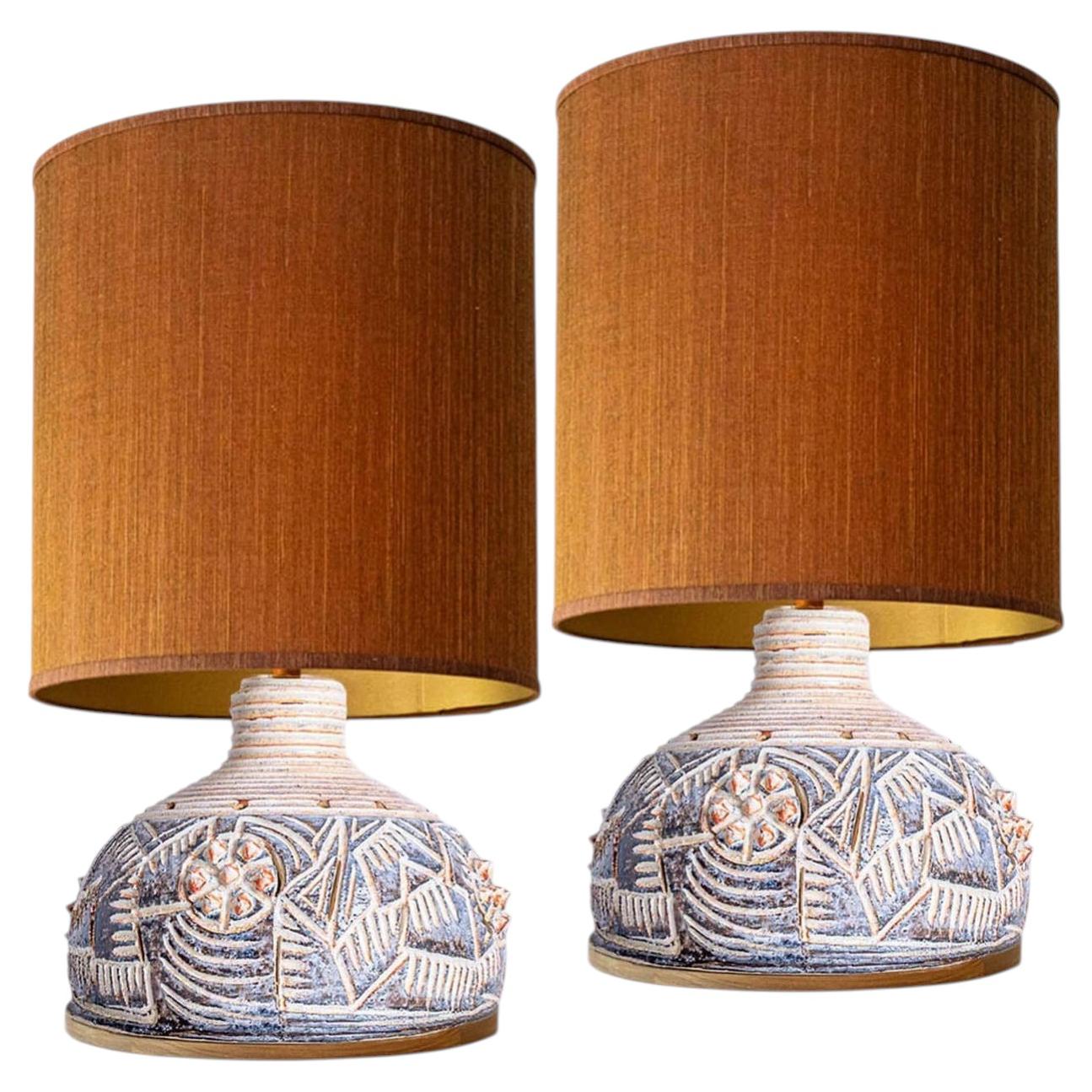 1 of the 2 Axella Ceramic Beige Brown Table Lamps with Custom Shade by R. Houben For Sale