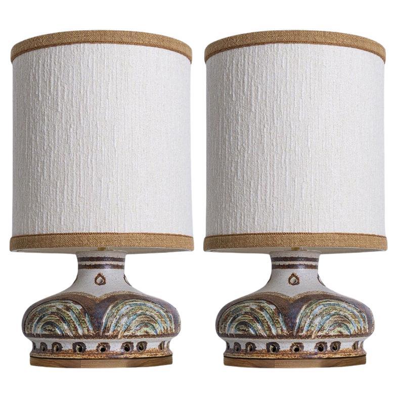 1 of the 2 Axella Ceramic Lightblue Brown Lamps with Custom Shades, Denmark 1970 For Sale