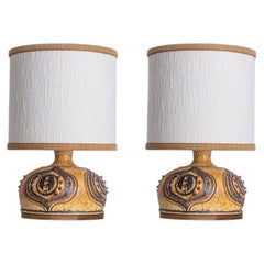 1 of the 2 Axella Ceramic Yellow Cognac Lamps with Custom Shades, Denmark 1970