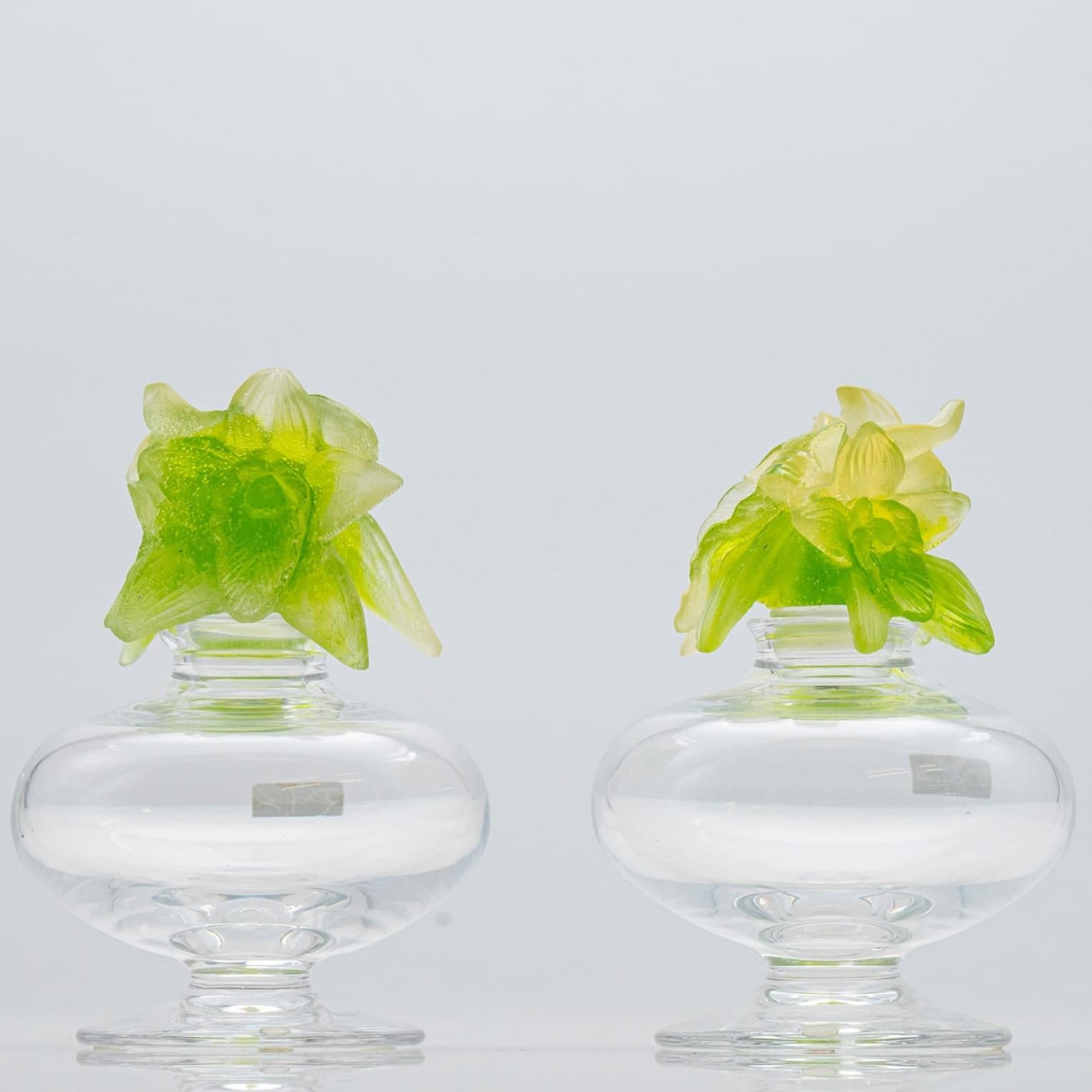 Il lusso al suo massimo, 2 bottiglie di fiori in vetro di alta gamma per Baccarat, Francia.

La bottiglia - realizzata in vetro artistico - è in vetro trasparente, con un fiore di vetro verde in cima. Bellissime opere d'arte.

Si prega di notare che