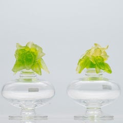 1 of the 2 Baccarat Art Glass Green Flower Bottles, France