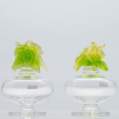 1 of the 2 Baccarat Art Glass Green Flower Bottles, France