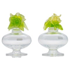 1 of the 2 Baccarat Art Glass Green Flower Bottles, France