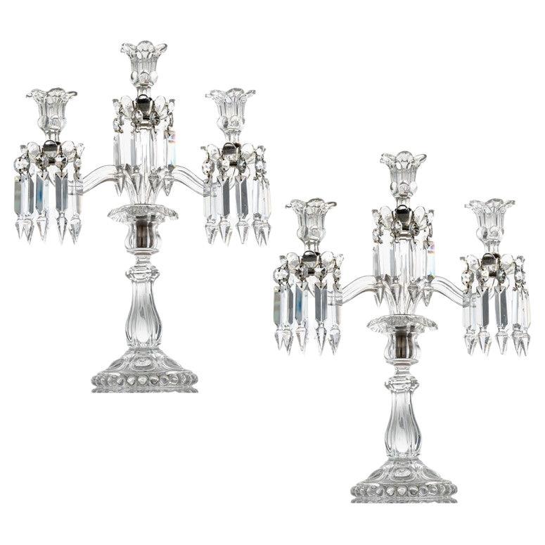 1 of the 2 Beautiful Baccarat Clear Crystal Candelabras for 3 Candles, France en venta