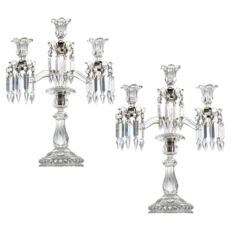 1 of the 2 Beautiful Baccarat Clear Crystal Candelabras for 3 Candles, France