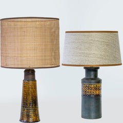 1 of the 2 Bitossi Ceramic Lamps, Rattan and Silk Lampshade by R. Houben