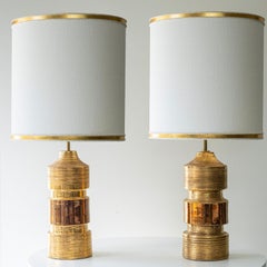 1 of the 2 Bitossi Gold Ceramic Lamps, Custom White Gold Lampshades by R. Houben