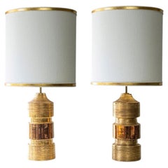 1 of the 2 Bitossi Gold Ceramic Lamps, Custom White Gold Lampshades by R. Houben