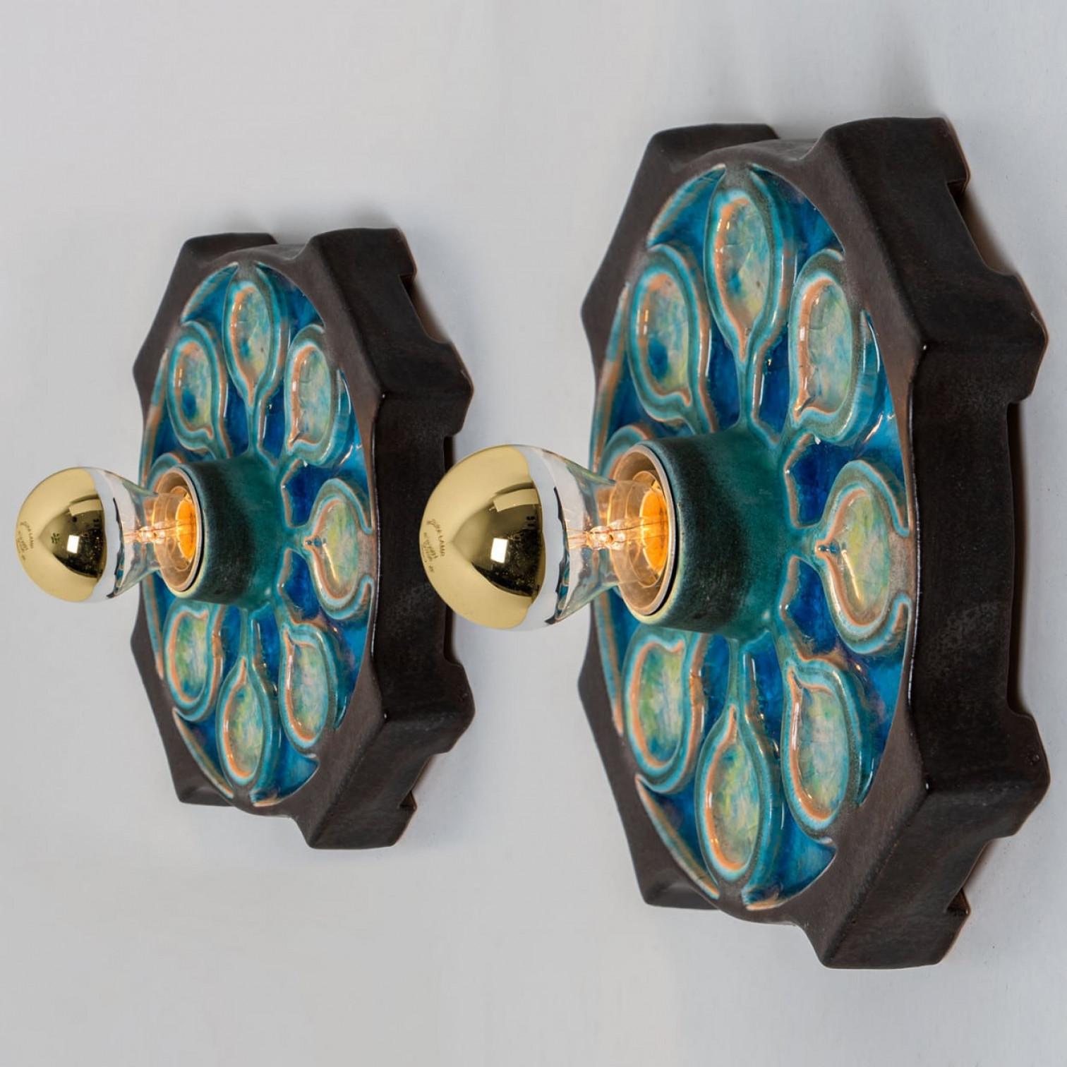 1 delle 2 lampade da parete o da incasso in ceramica smaltata blu, 1960, Germania in vendita 2