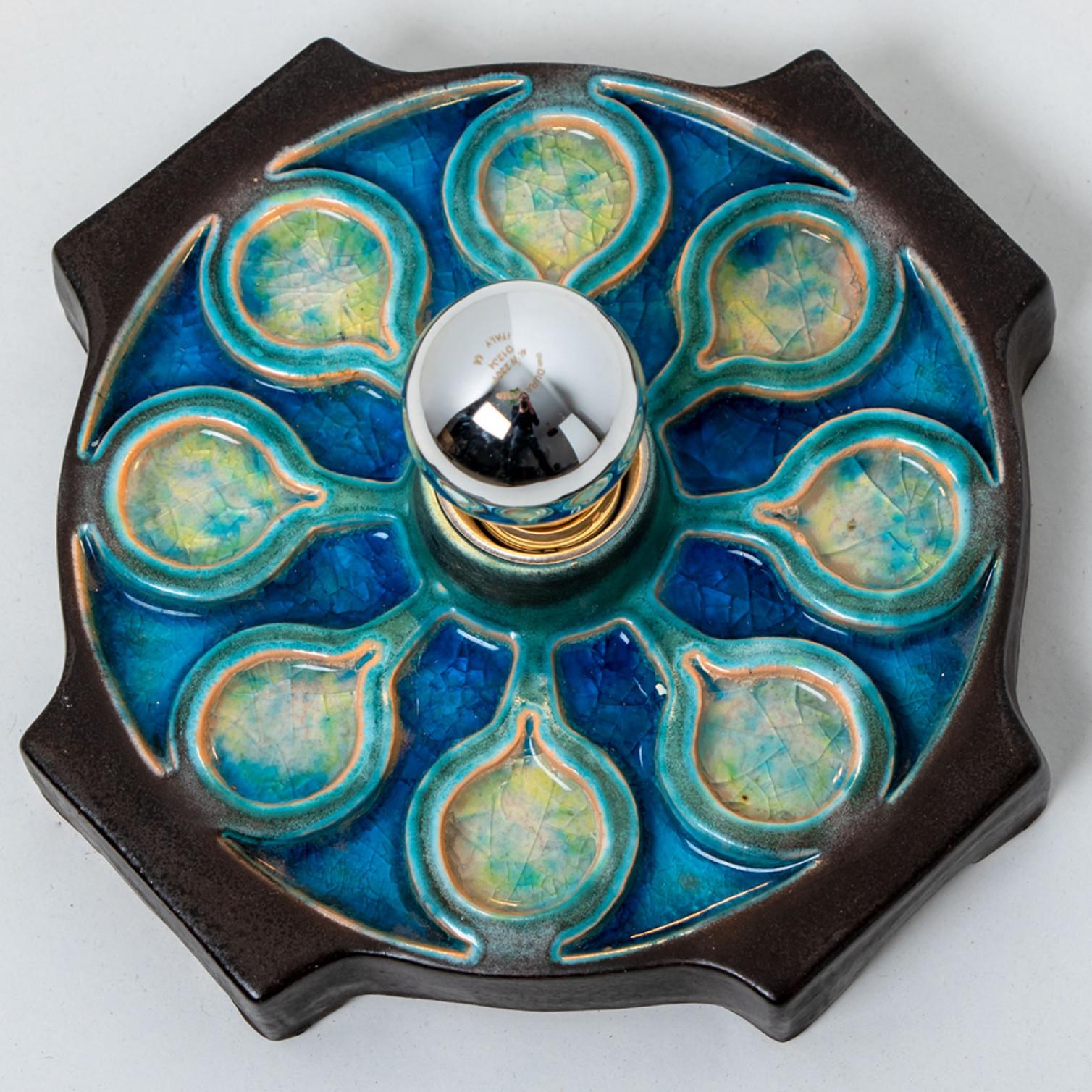 1 of the 2 Blue Ceramic Glazed Wall Light or Flush Mount, 1960, Germany In Good Condition For Sale In Rijssen, NL