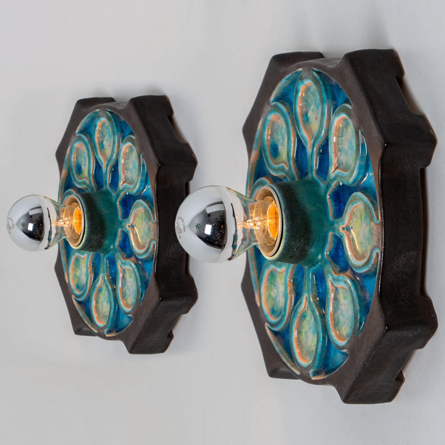 20th Century 1 of the 2 Blue Ceramic Glazed Wall Light or Flush Mount, 1960, Germany For Sale