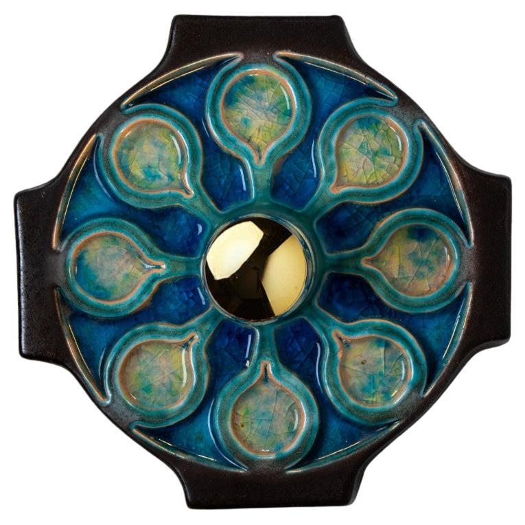 1 of the 2 Blue Ceramic Glazed Wall Light or Flush Mount, 1960, Germany For Sale