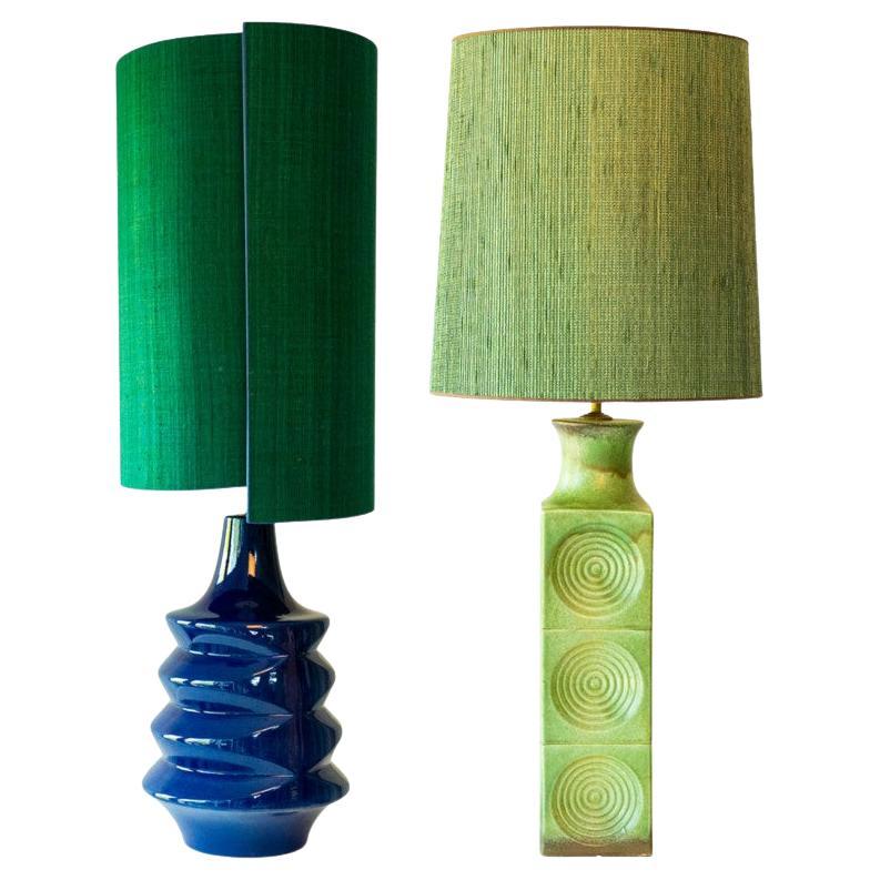 1 des 2 lampes à poser bleu-vert, abat-jour en soie sur mesure de R. Houben en vente