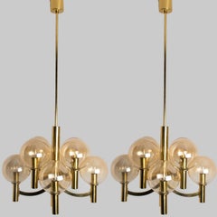 1 of the 2 Brass and Clear Glass Chandeliers, Jakobsson, 1970s