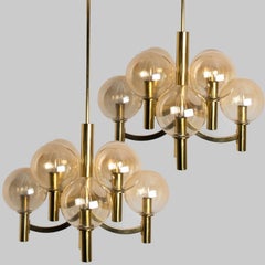 1 of the 2 Brass and Clear Glass Chandeliers, Jakobsson, 1970s