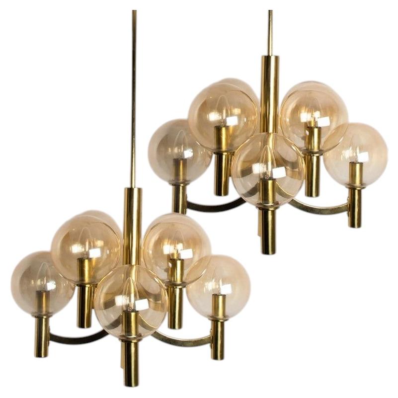 1 of the 2 Brass and Clear Glass Chandeliers, Jakobsson, 1970s