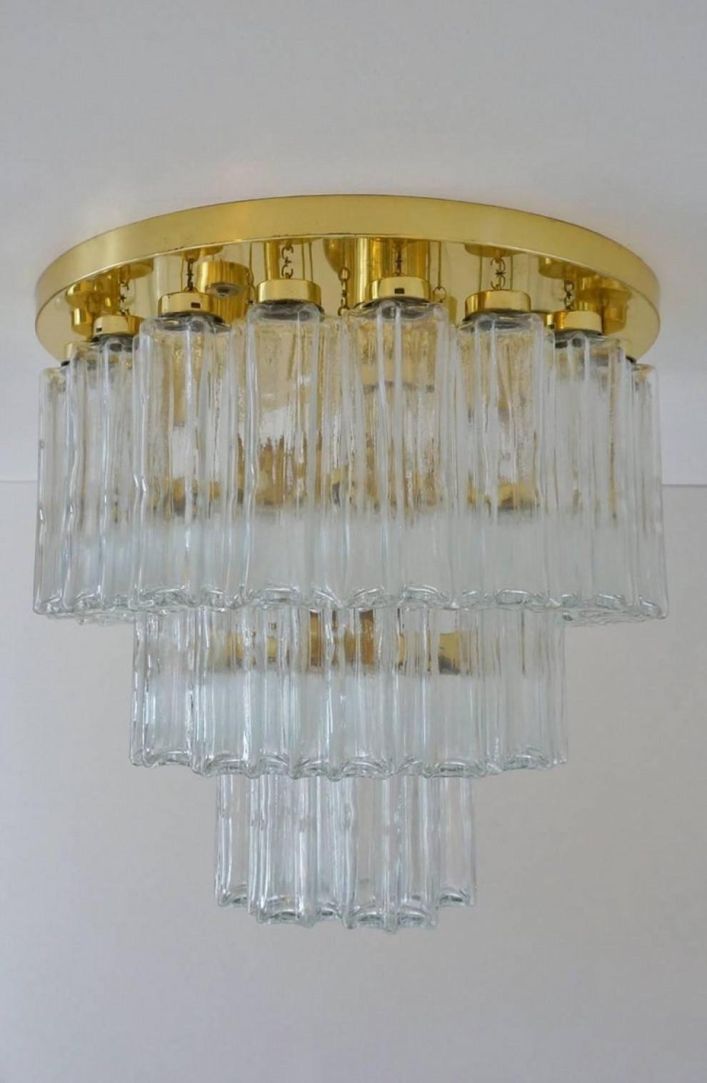XX secolo 1 dei 2 lampadari ad incasso in ottone e vetro, Glashütte Limburg, 1970 in vendita