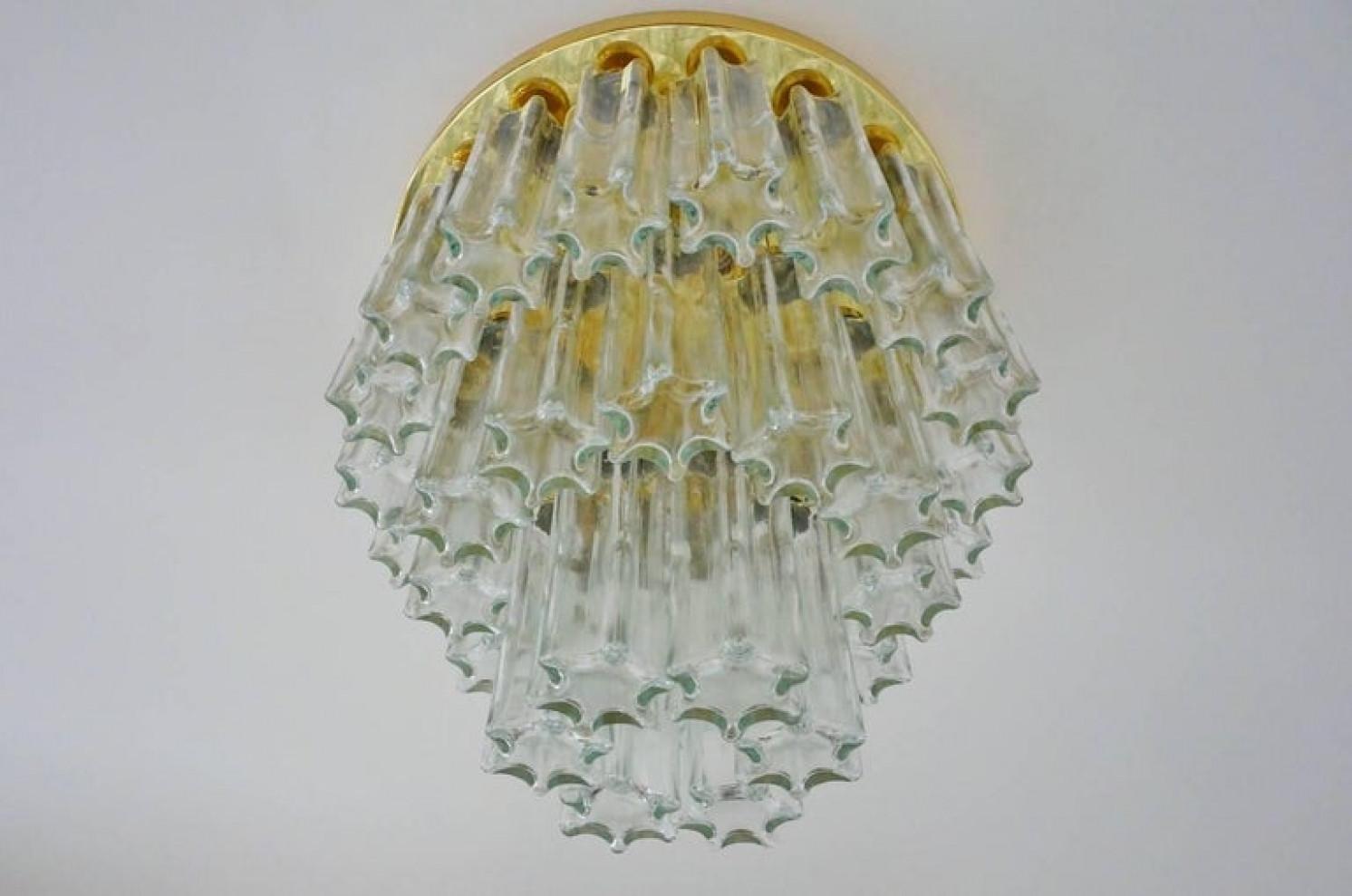 Ottone 1 dei 2 lampadari ad incasso in ottone e vetro, Glashütte Limburg, 1970 in vendita