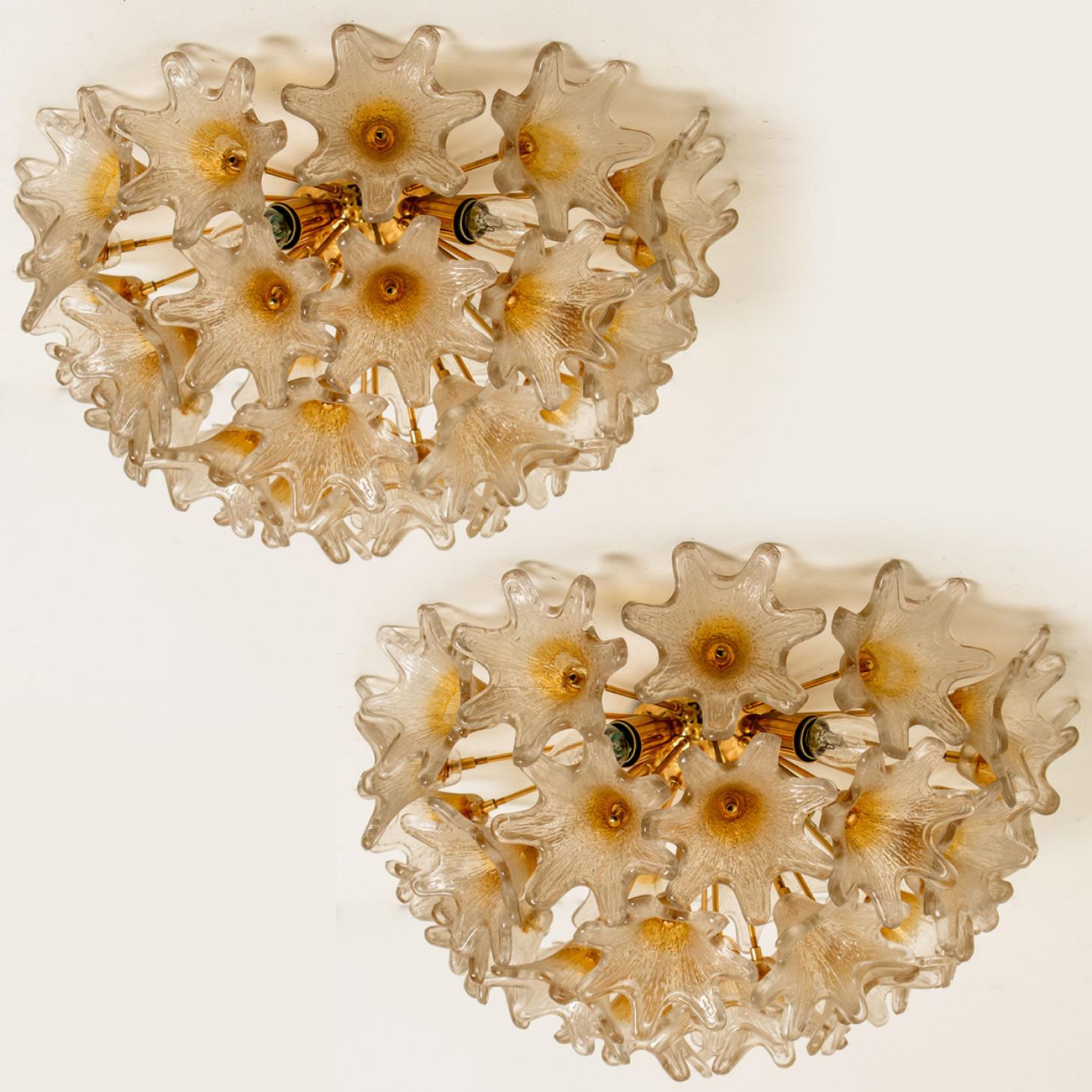 Elegant pair of Murano light fixtures in the style of Paolo Venini for VeArt, Italy, 1970s. Brass stem and hardware and white steel fixture. Several star shaped gold or amber and clear resembles flowers.

The set illuminates beautifully on wall and