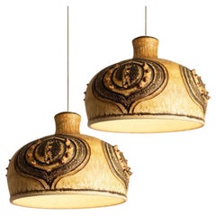 1 of the 2 Brown Ochre Beige Ceramic Pendant with Spikes, Denmark, 1960s
