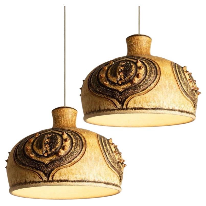 1 of the 2 Brown Ochre Beige Ceramic Pendant with Spikes, Denmark, 1960s For Sale