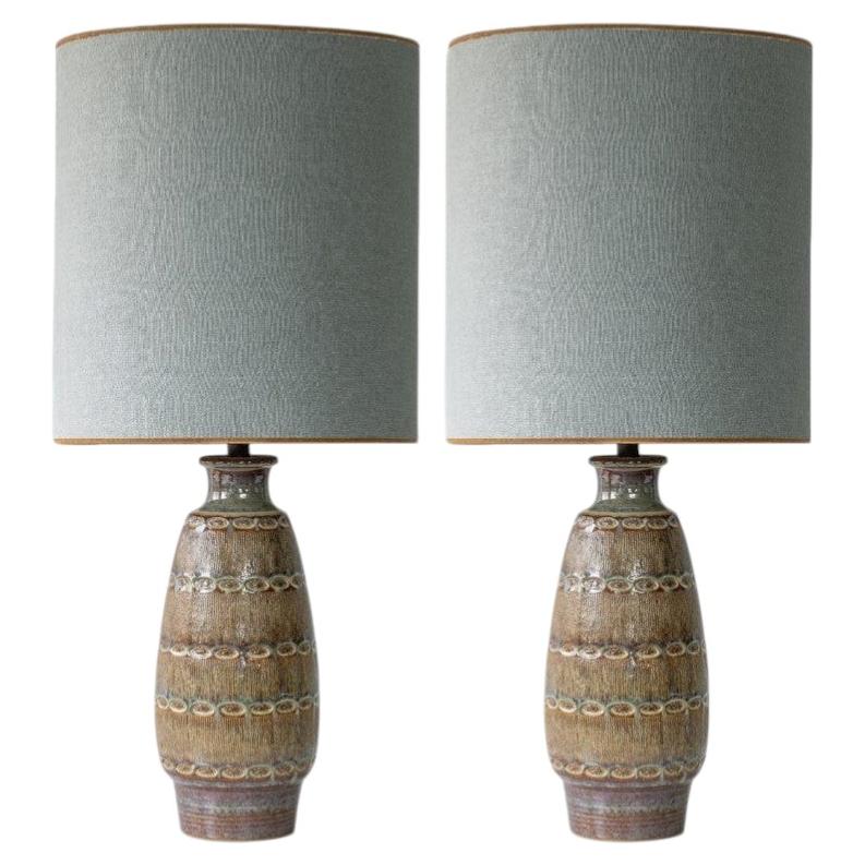 1 of the 2 Ceramic Table Lamps by Soholm, Silk Lampshade, Denmark 1960s