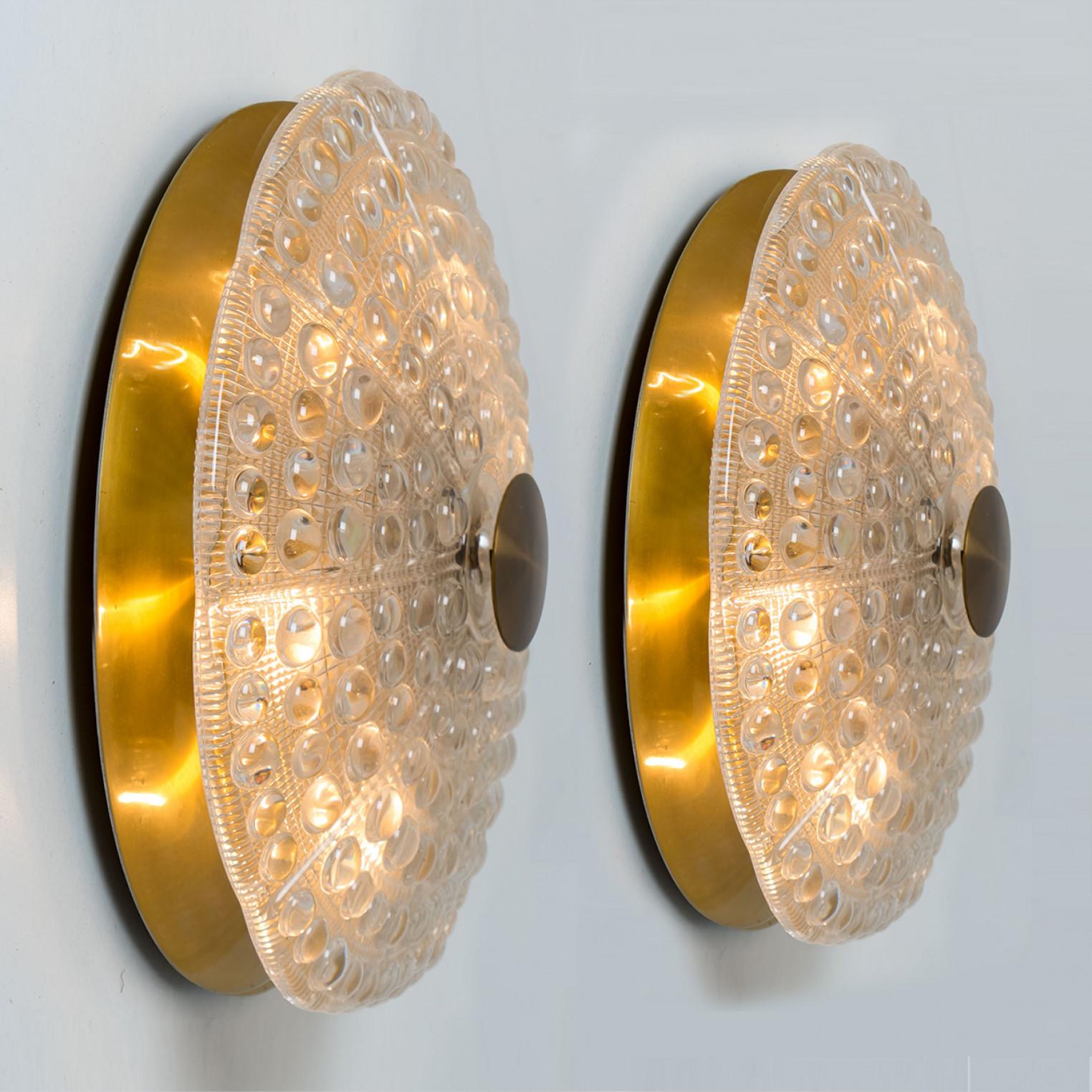 Swedish 1 of the 2 Clear Gold Brass Glass Flush Mount wall lights, Fagerlund, 1960s For Sale