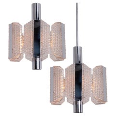 1 of the 2 Clear Ribbed Glass Pendant Lamps by Kaiser Leuchten, Germany