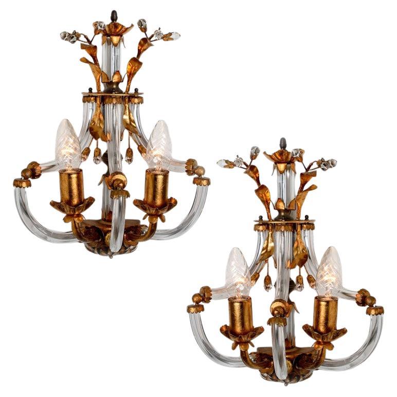 1 of the 2 Crystal and Brass Wall Sconces by Palwa, 1960s, Germany