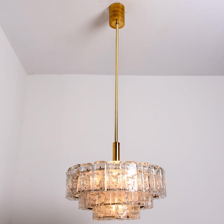 1 of the 2 Cylindrical 3 Tier Ice Glass Chandelier by Doria, 1960s 6