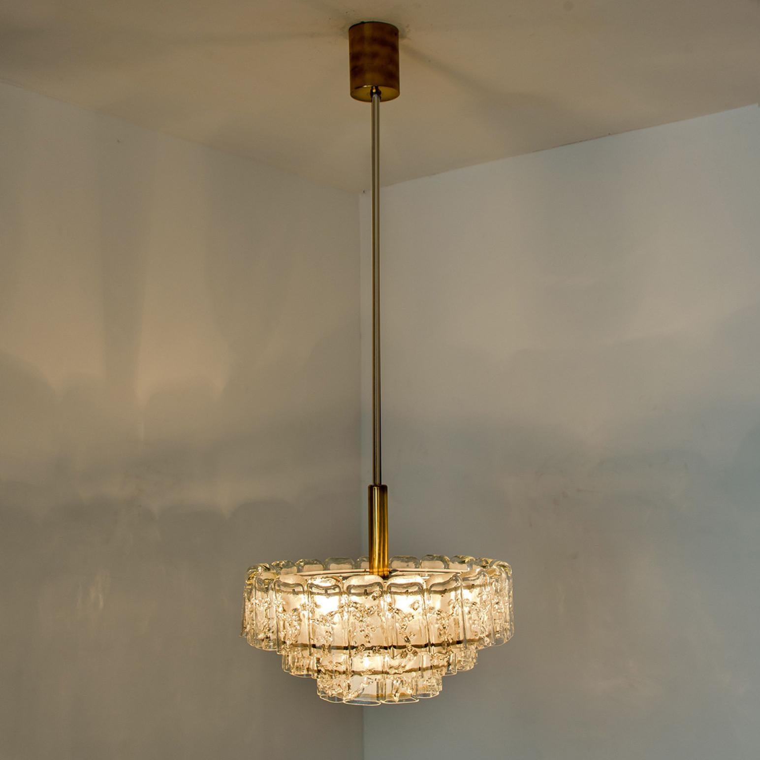 1 of the 2 Cylindrical 3 Tier Ice Glass Chandelier by Doria,  1960s For Sale 7