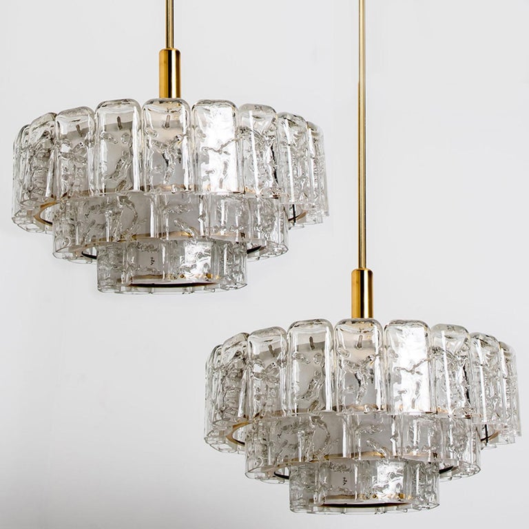 1 of the 2 Cylindrical 3 Tier Ice Glass Chandelier by Doria, 1960s 11