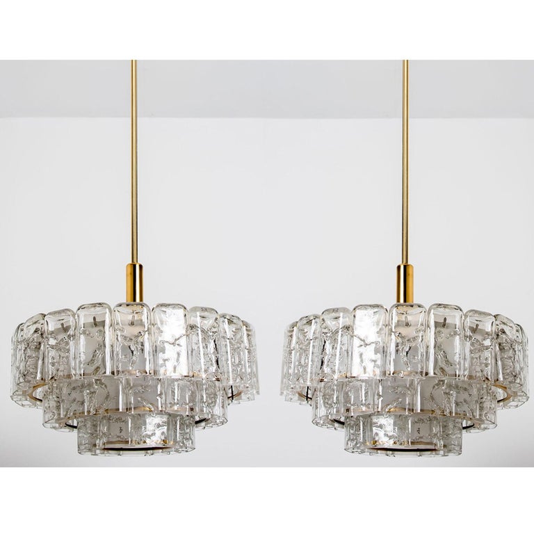 1 of the 2 Cylindrical 3 Tier Ice Glass Chandelier by Doria, 1960s 12