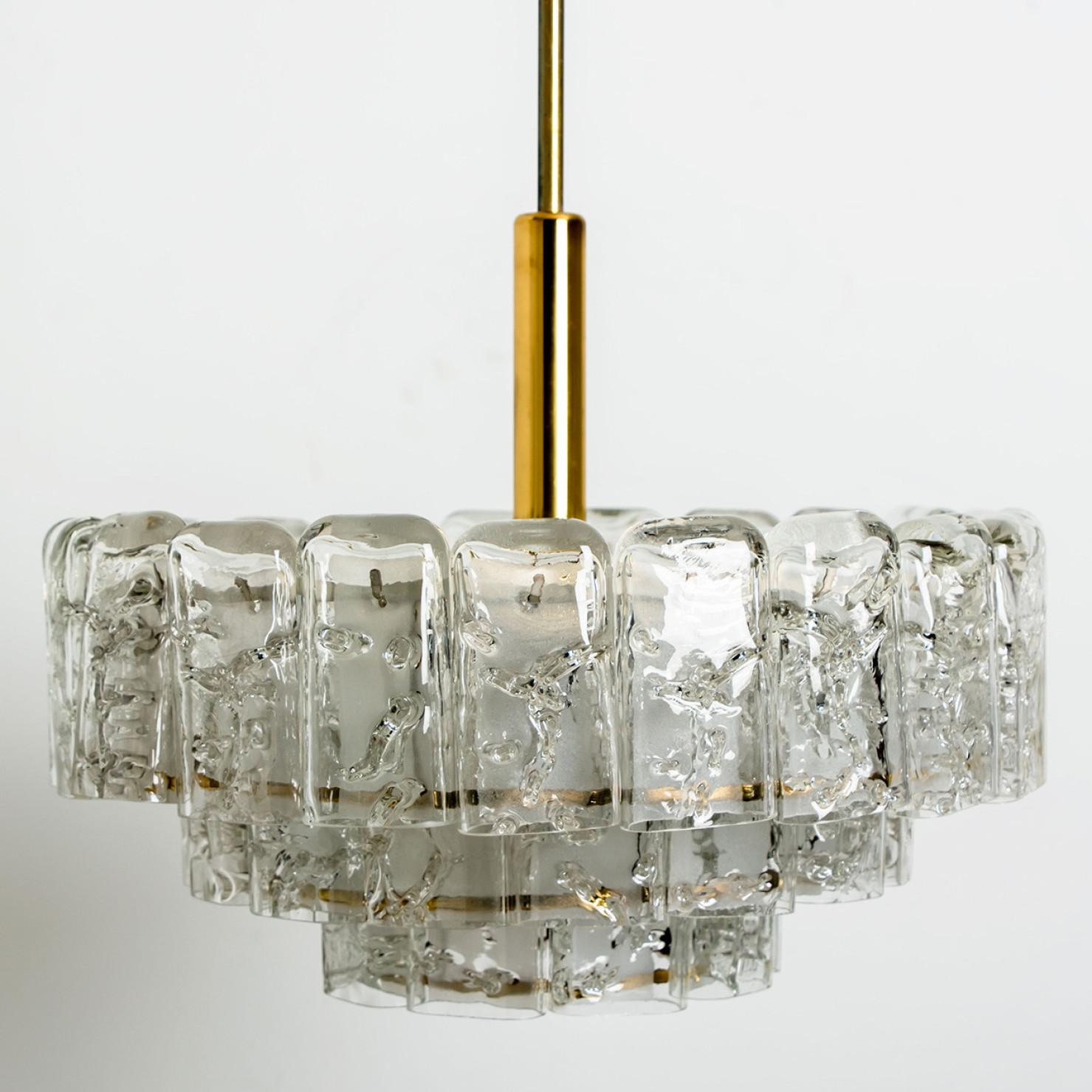 Mid-Century Modern 1 of the 2 Cylindrical 3 Tier Ice Glass Chandelier by Doria,  1960s For Sale