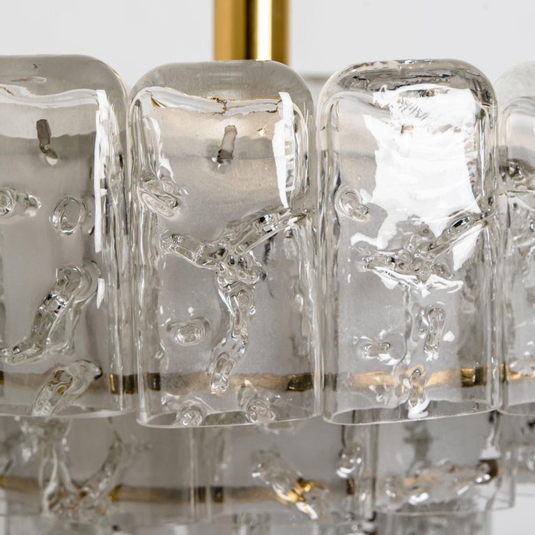 German 1 of the 2 Cylindrical 3 Tier Ice Glass Chandelier by Doria, 1960s