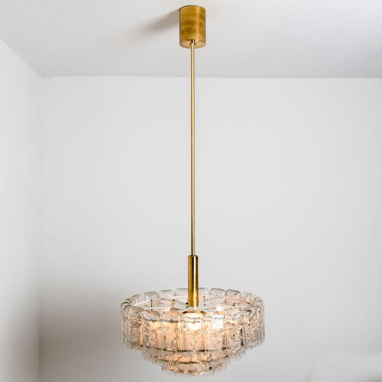 1 of the 2 Cylindrical 3 Tier Ice Glass Chandelier by Doria, 1960s In Good Condition In Rijssen, NL