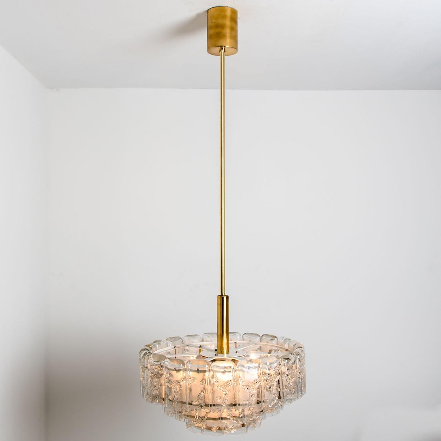 1 of the 2 Cylindrical 3 Tier Ice Glass Chandelier by Doria,  1960s In Good Condition For Sale In Rijssen, NL