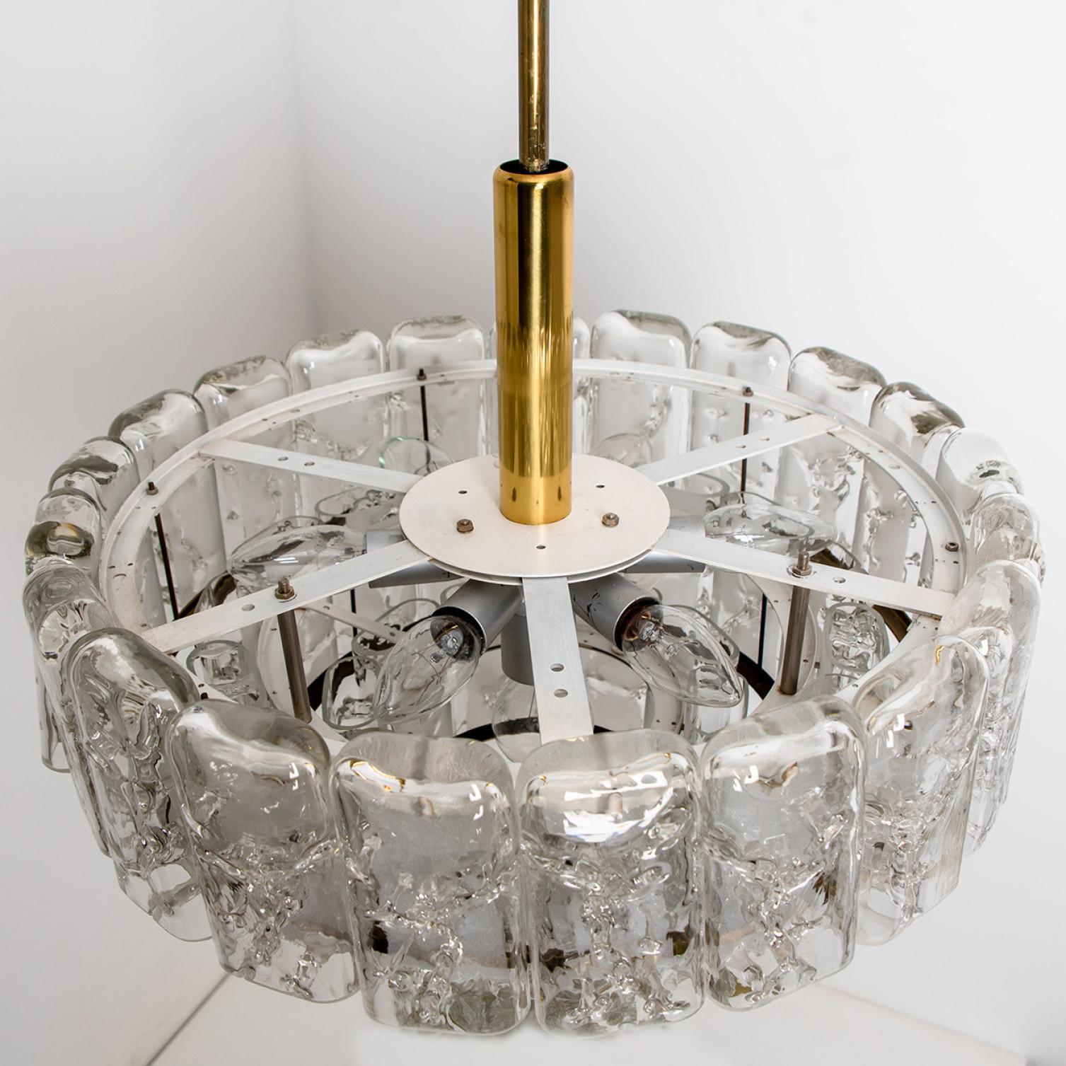 Brass 1 of the 2 Cylindrical 3 Tier Ice Glass Chandelier by Doria,  1960s For Sale