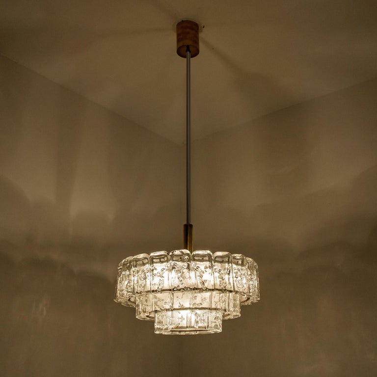 1 of the 2 Cylindrical 3 Tier Ice Glass Chandelier by Doria, 1960s 1