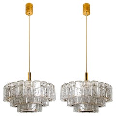 1 of the 2 Cylindrical 3 Tier Ice Glass Chandelier by Doria, 1960s