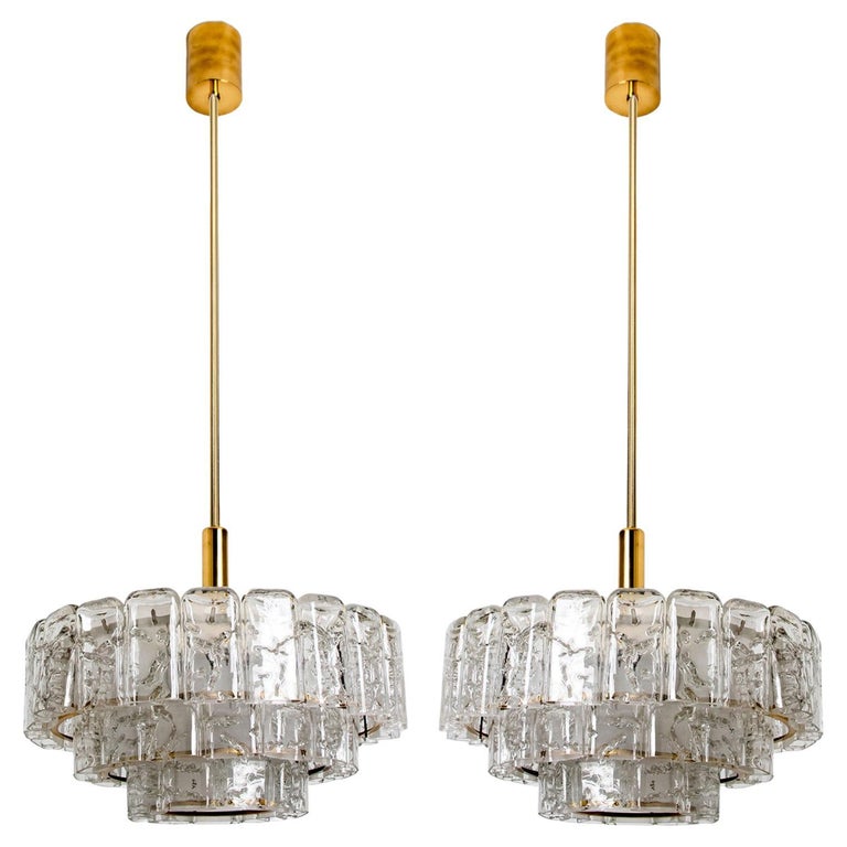 1 of the 2 Cylindrical 3 Tier Ice Glass Chandelier by Doria, 1960s