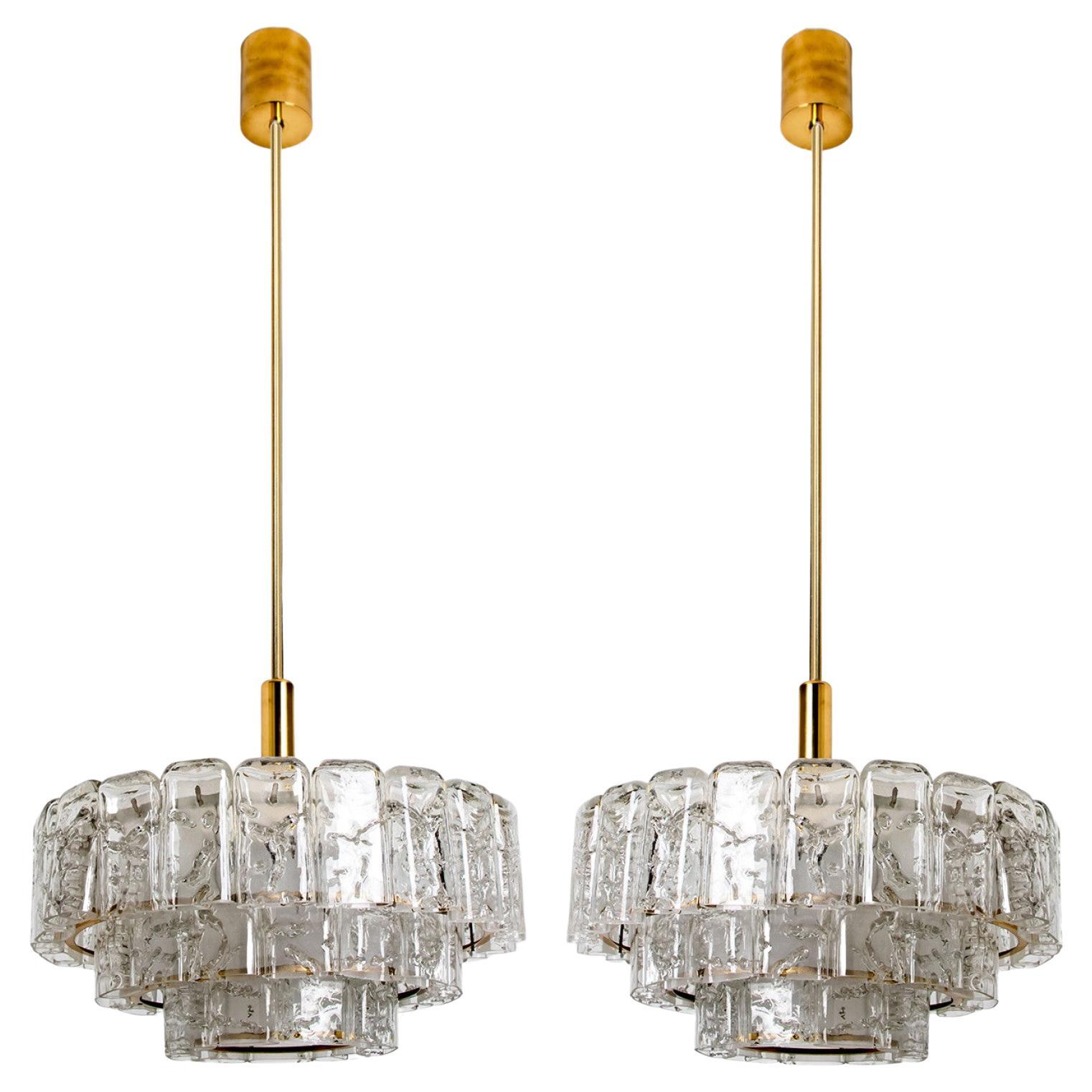 1 of the 2 Cylindrical 3 Tier Ice Glass Chandelier by Doria, 1960s