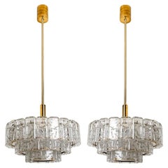 1 of the 2 Cylindrical 3 Tier Ice Glass Chandelier by Doria, 1960s