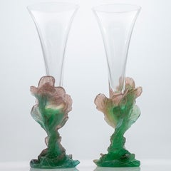 1 of the 2 Daum Art Glass Soliflore Vases, Flowers Pink Green, France