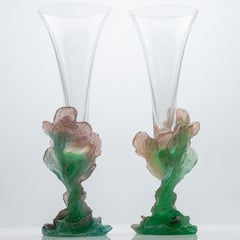 1 of the 2 Daum Art Glass Soliflore Vases, Flowers Pink Green, France