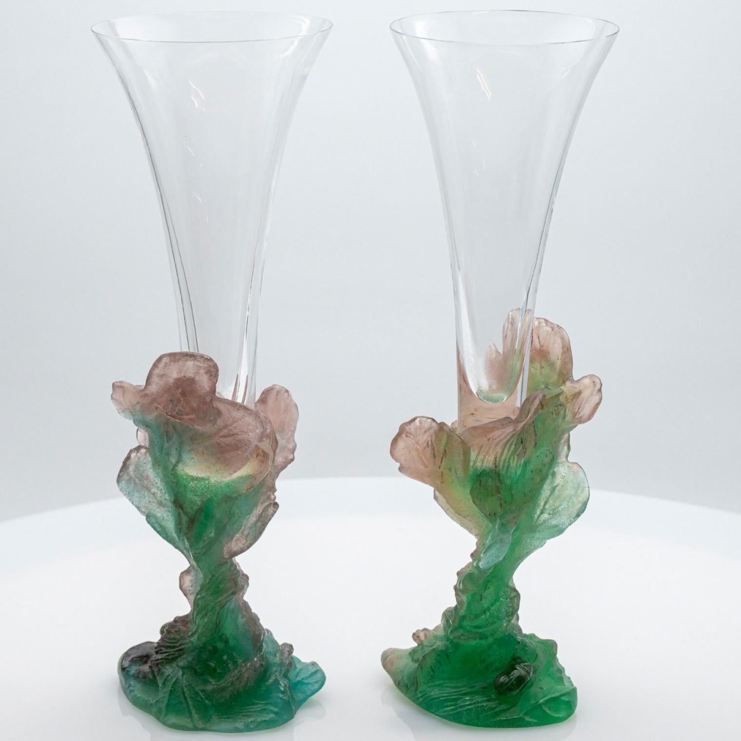 Francese 1 dei 2 vasi Soliflores in vetro artistico Daum, Fiori Rosa Verde, Francia in vendita