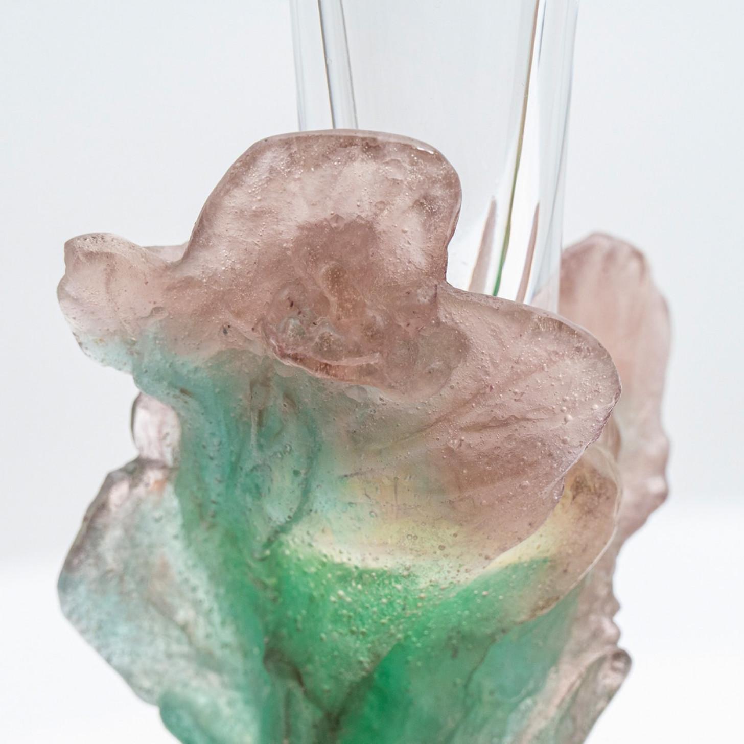 Vetro artistico 1 dei 2 vasi Soliflores in vetro artistico Daum, Fiori Rosa Verde, Francia in vendita