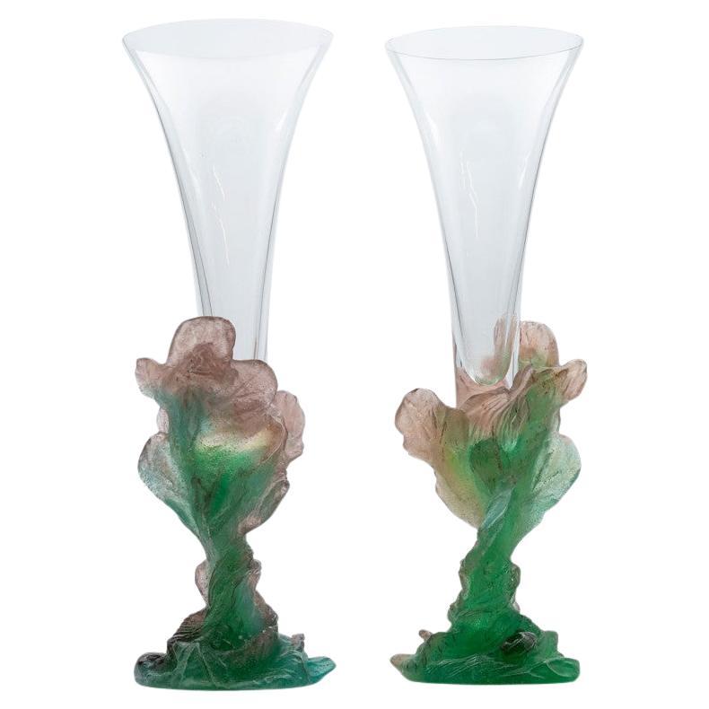 1 de los 2 Jarrones Daum Art Glass Soliflore, Flores Rosa Verde, Francia