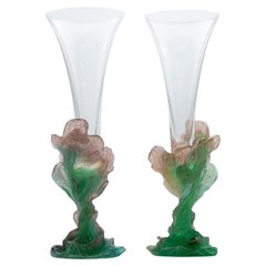 1 de los 2 Jarrones Daum Art Glass Soliflore, Flores Rosa Verde, Francia